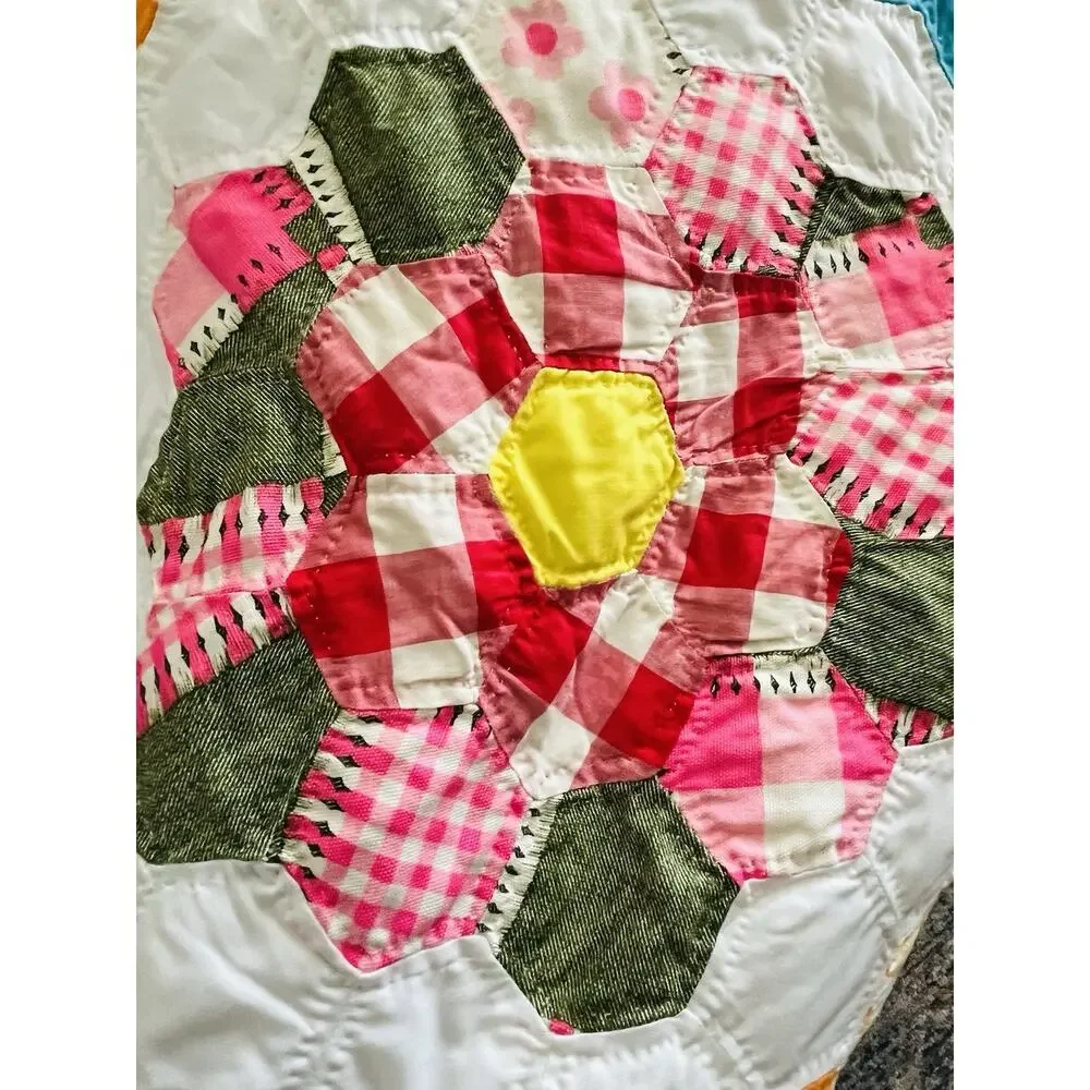Vintage handmade Quilt Grandmother's Flower Garden 50s 60s 70s fabrics 102 x 88